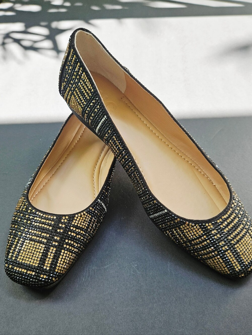 I.N.C. International Concepts Gold & Brown Rhinestone Ballet Flat Shoes Size 7.5